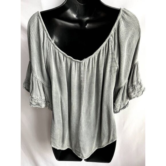 Paper Crane Flutter Sleeve Peasant Boho Blouse Gauzy Top Fringe Tassel Gray M - Picture 6 of 11